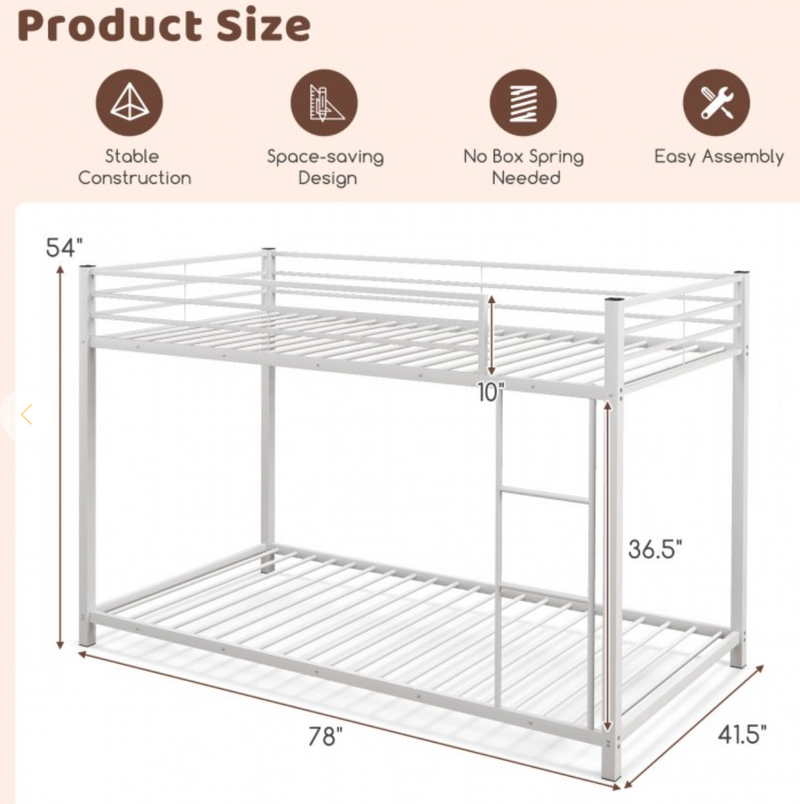 *Low Profile Twin Over Twin Metal Bunk Bed with Full-length Guardrails - White