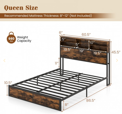 Full/King Size Bed Frame with Storage Headboard Industrial Metal Platform Bed - Queen