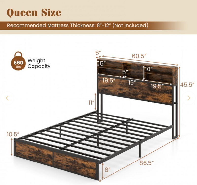Full/King Size Bed Frame with Storage Headboard Industrial Metal Platform Bed - Queen