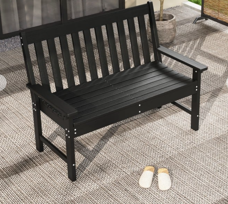 *52 Inch All-Weather HDPE Outdoor Bench with Backrest and Armrests - Black