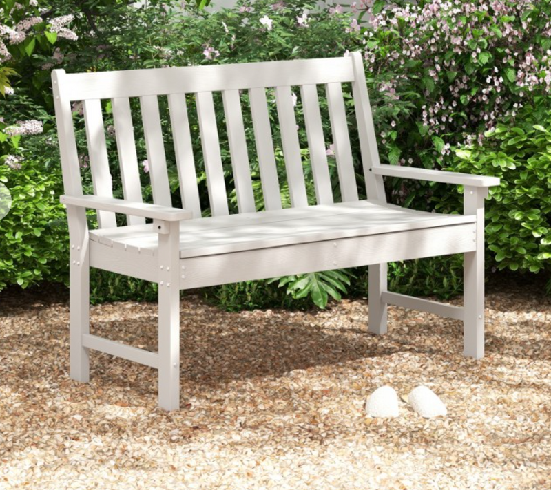 *52 Inch All-Weather HDPE Outdoor Bench with Backrest and Armrests - White