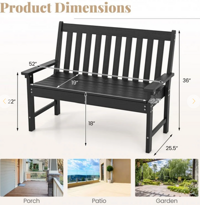 *52 Inch All-Weather HDPE Outdoor Bench with Backrest and Armrests - Black