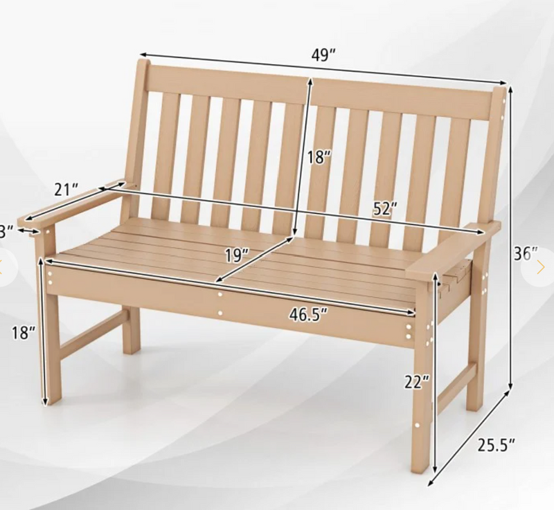 *52 Inch All-Weather HDPE Outdoor Bench with Backrest and Armrests - Teak