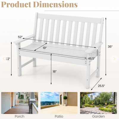 *52 Inch All-Weather HDPE Outdoor Bench with Backrest and Armrests - White