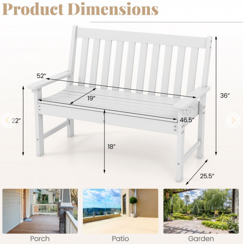 *52 Inch All-Weather HDPE Outdoor Bench with Backrest and Armrests - White