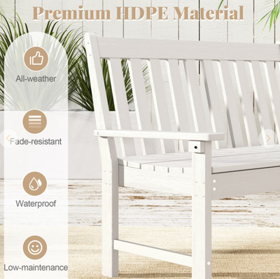 *52 Inch All-Weather HDPE Outdoor Bench with Backrest and Armrests - White