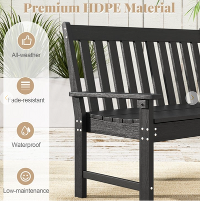 *52 Inch All-Weather HDPE Outdoor Bench with Backrest and Armrests - Black
