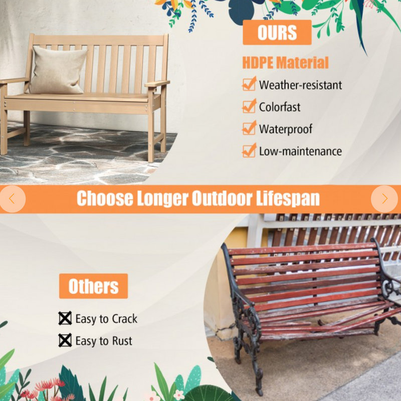 *52 Inch All-Weather HDPE Outdoor Bench with Backrest and Armrests - Teak