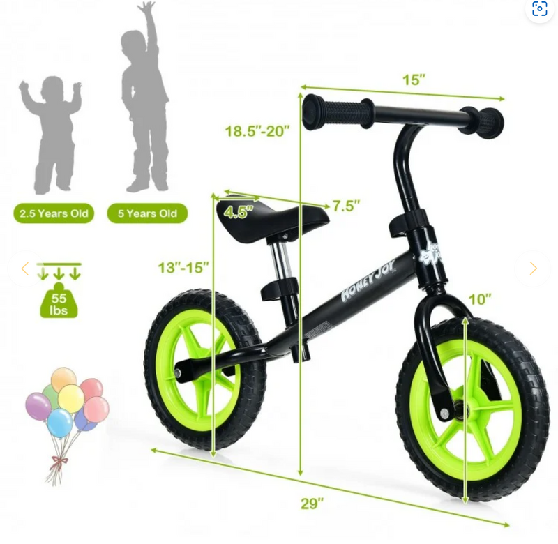 *Kids No Pedal Balance Bike Adjustable Ages 30 Months to 5 Years - Black