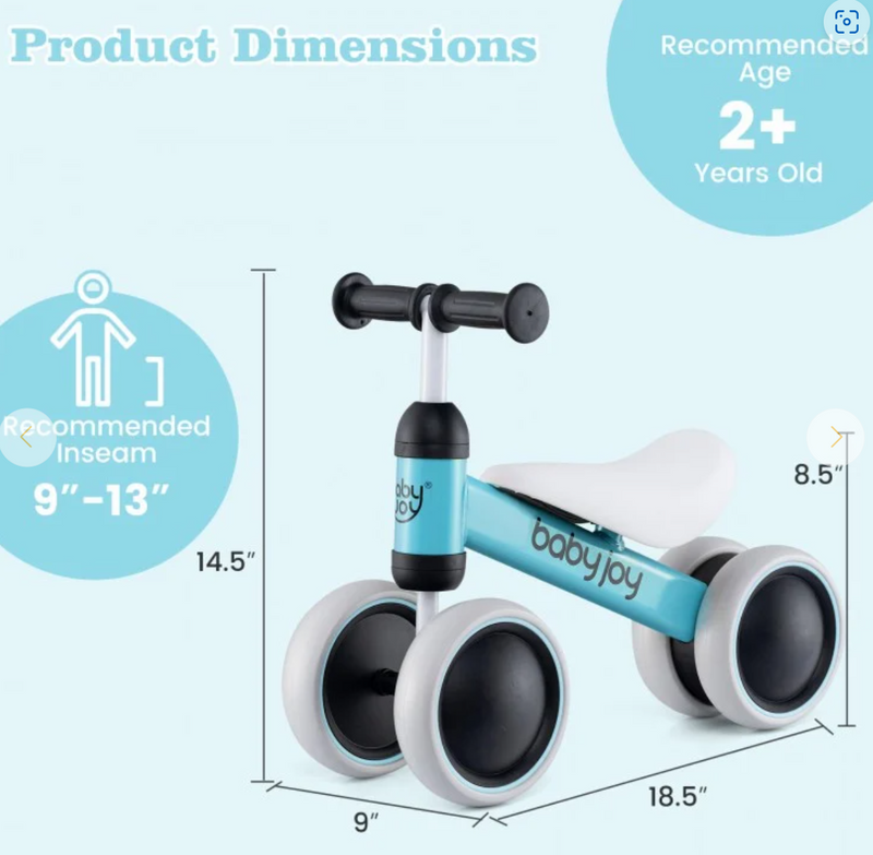 *Baby Balance Bike for 2 Years Old Boys Girls No Pedal 4 Wheels - Blue