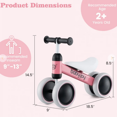 *Baby Balance Bike for 2 Years Old Boys Girls No Pedal 4 Wheels - Pink