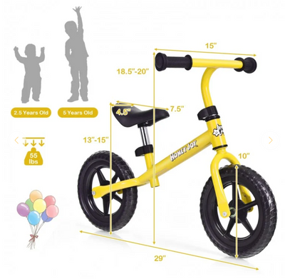 *Kids No Pedal Balance Bike Adjustable Ages 30 Months to 5 Years - Yellow