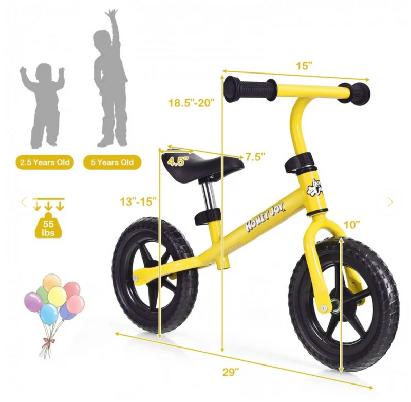 *Kids No Pedal Balance Bike Adjustable Ages 30 Months to 5 Years - Yellow