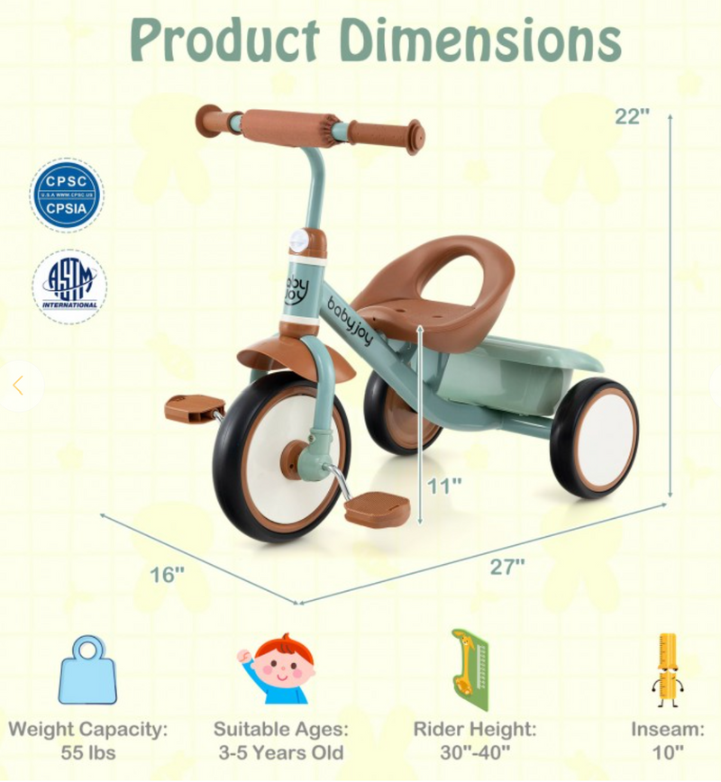 *Toddler Tricycle Kids Trike with Adjustable Seat and Storage Basket Aged 3-5 Years Old - Green