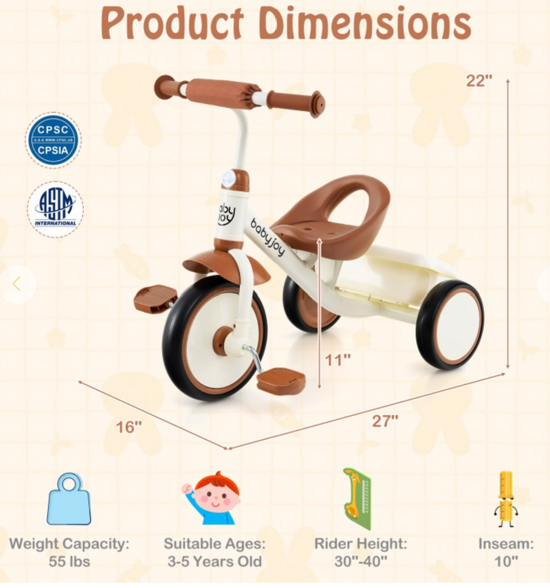 *Toddler Tricycle Kids Trike with Adjustable Seat and Storage Basket Aged 3-5 Years Old - Beige