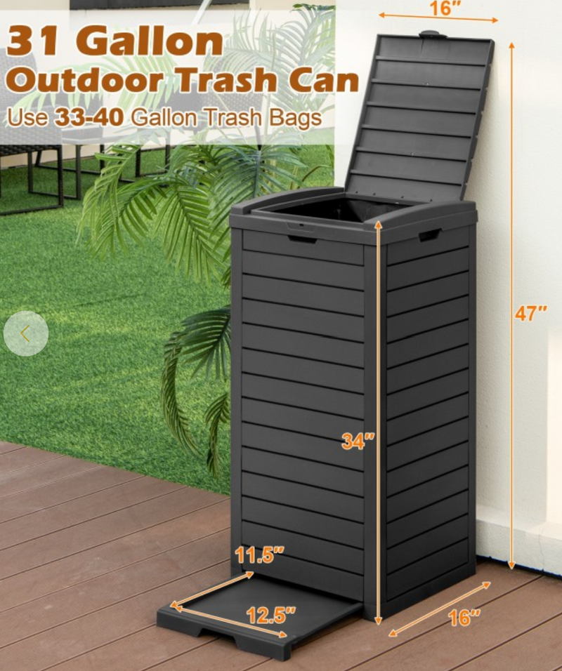 *31 Gallon Large Outdoor Trash Can with Lid and Slidable Tray - Black