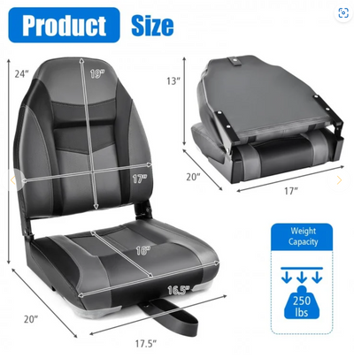 *High Back Folding Boat Seats with Black Grey Sponge Cushion and Flexible Hinges - 1 Piece