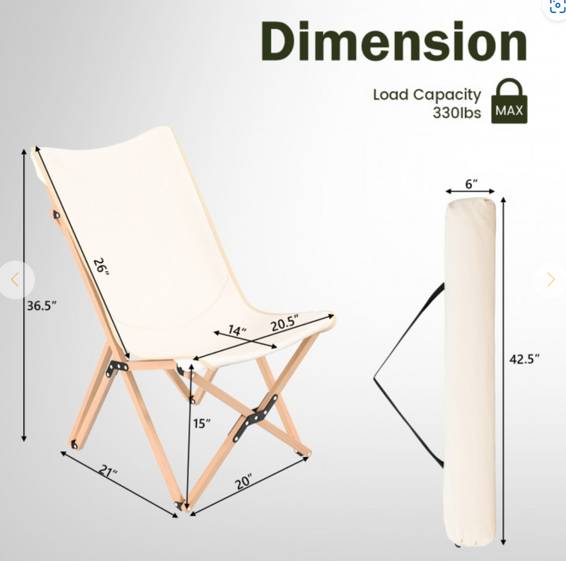*Set of 2 Bamboo Dorm Chair with Storage Pocket for Camping and Fishing - Beige