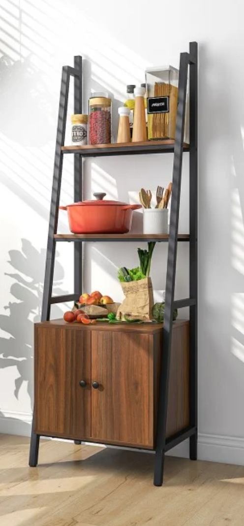 *4-Tier Ladder Shelf with Cabinet and Metal Frame - Rustic Brown