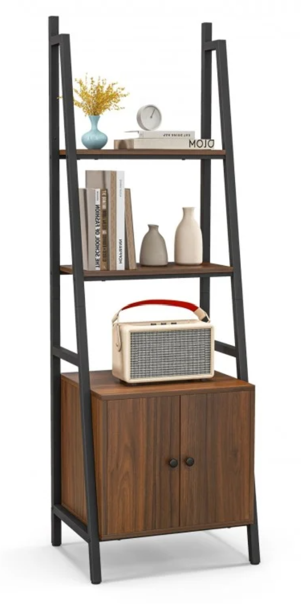 *4-Tier Ladder Shelf with Cabinet and Metal Frame - Rustic Brown