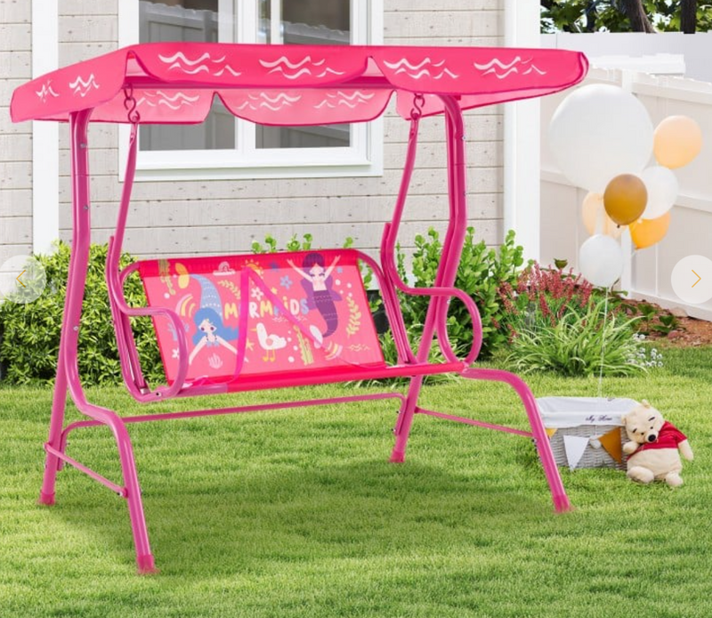 *2-Seater Kids Patio Swing with Metal Stand and Adjustable Canopy - Pink