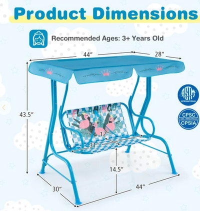 *2-Seater Kids Patio Swing with Metal Stand and Adjustable Canopy - Light Blue