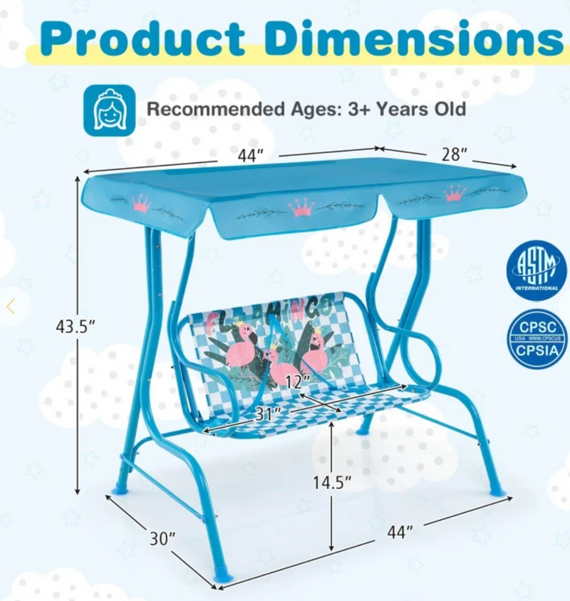 *2-Seater Kids Patio Swing with Metal Stand and Adjustable Canopy - Light Blue