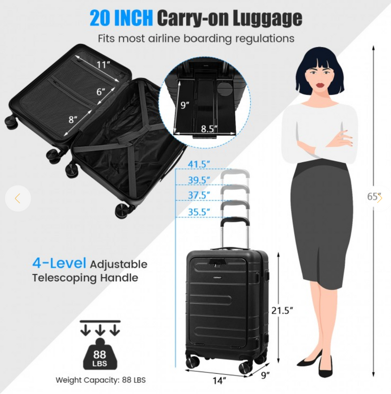20 Inch Carry-on Luggage PC Hardside Suitcase TSA Lock with Front Pocket and USB Port - Black