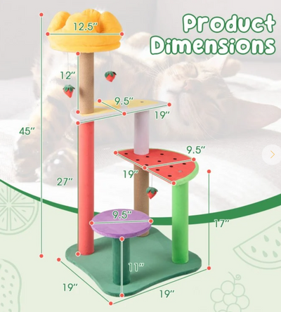 *45 Inch Multi-Level Cat Tree with Plush Padded Top Perch and Fruit-Shaped Platforms