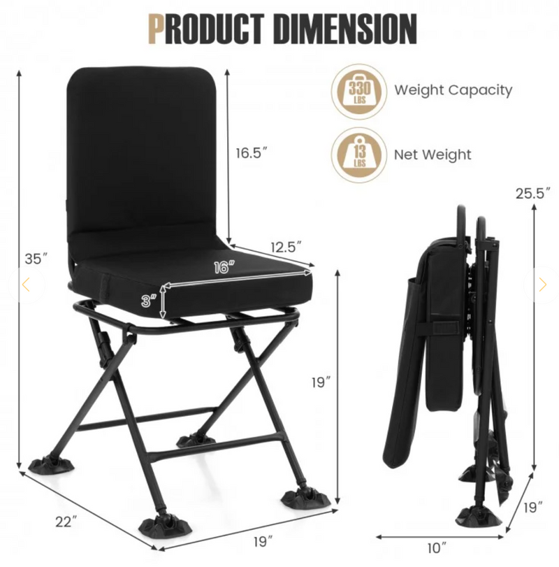 *Swivel Folding Chair with Backrest and Padded Cushion - Black