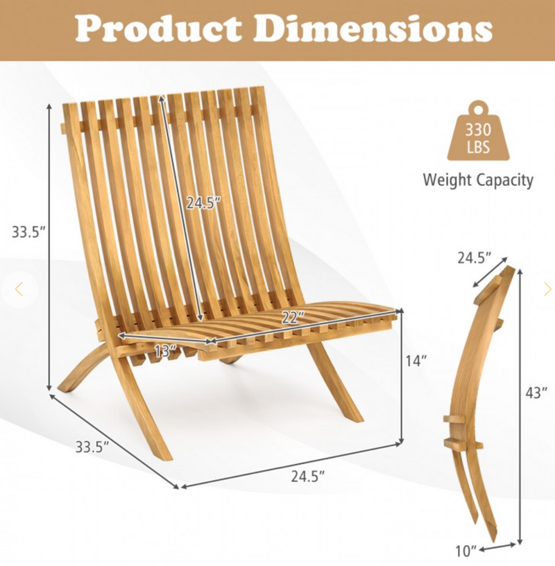 *Folding Teak Wood Outdoor Lounge Chair with Slatted Seat and Backrest