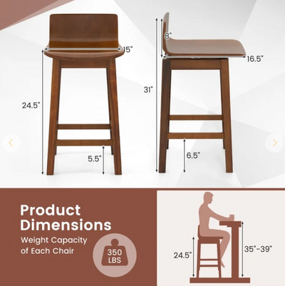 24.5 Inch Swivel Wooden Bar Stools Set of 2 with Rubber Wood Legs and Low Back