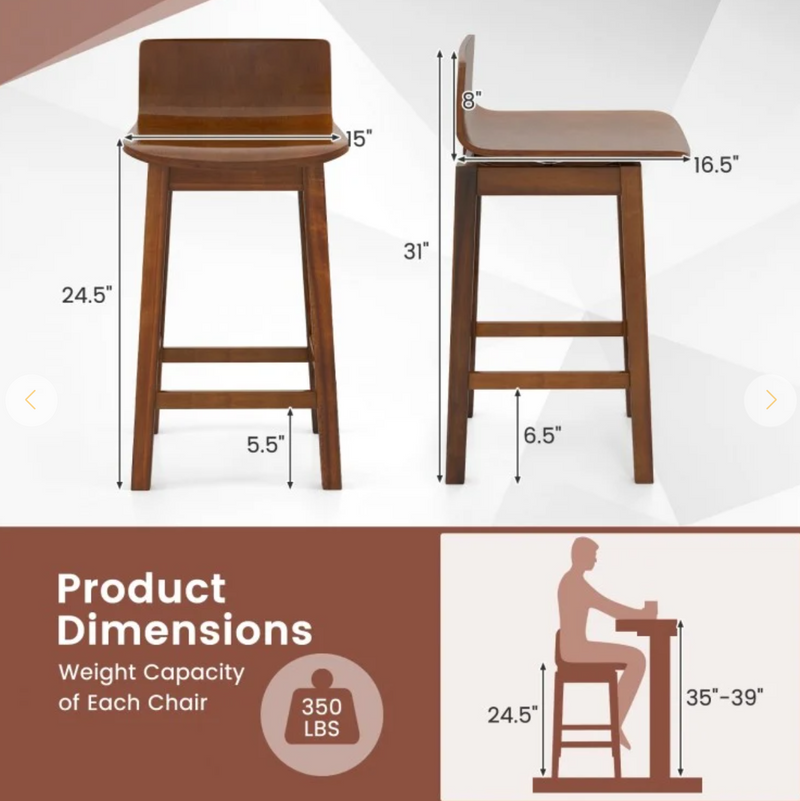 24.5 Inch Swivel Wooden Bar Stools Set of 2 with Rubber Wood Legs and Low Back