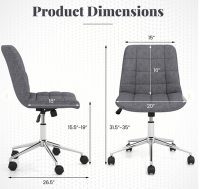Armless Office Chair Upholstered Makeup Vanity Chair with Adjustable Height and Wheels - Gray