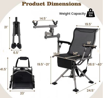 *360° Swivel Portable Hunting Chair with Adjustable Legs and Armrests - Black
