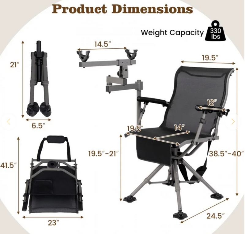 *360° Swivel Portable Hunting Chair with Adjustable Legs and Armrests - Black