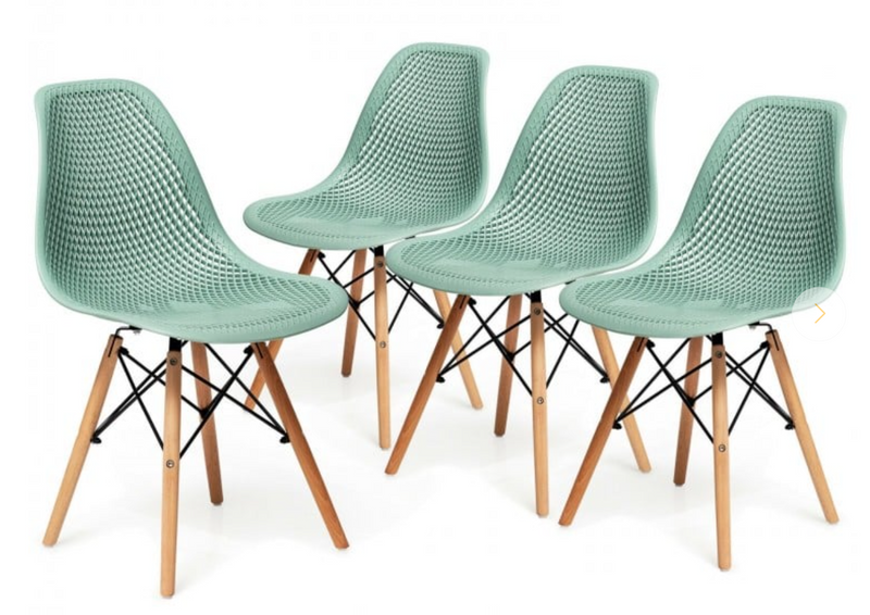 *4 Pieces Modern Plastic Hollow Chair Set with Wood Leg - Green