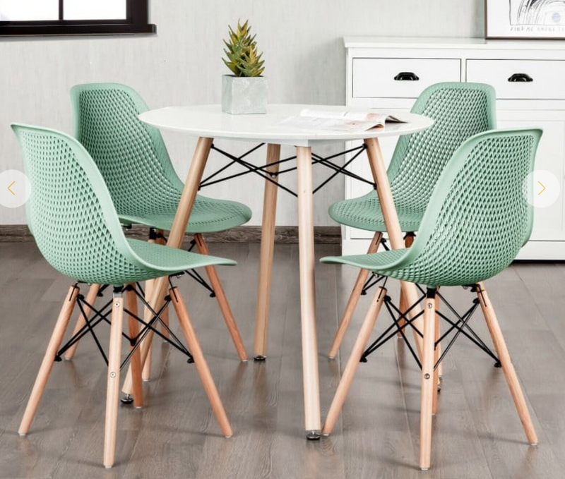 *4 Pieces Modern Plastic Hollow Chair Set with Wood Leg - Green