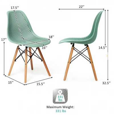 *4 Pieces Modern Plastic Hollow Chair Set with Wood Leg - Green