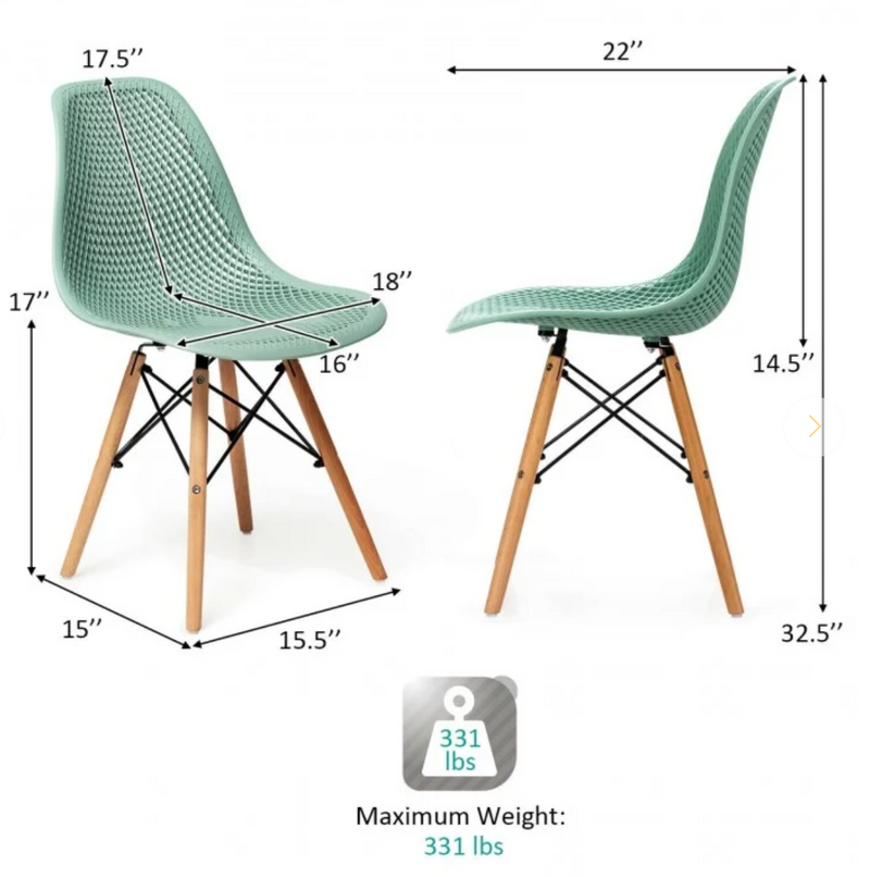 *4 Pieces Modern Plastic Hollow Chair Set with Wood Leg - Green