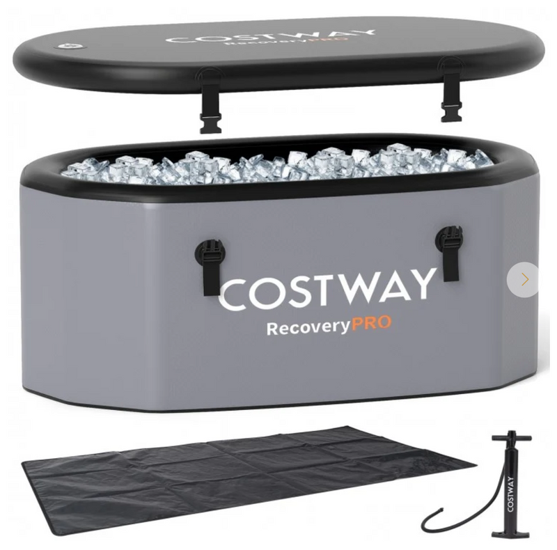 *XL 129 Gal Oval Ice Bath Tub with Cover and Hand Pump for Athletes - Gray