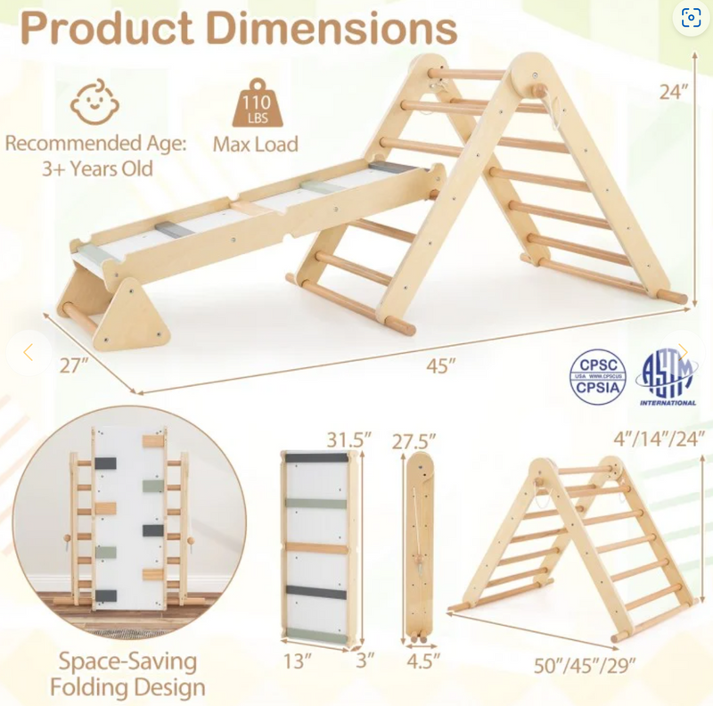 *3-in-1 Pikler Triangle Climbing Set Kids Foldable Montessori Toys with Ramp - Natural
