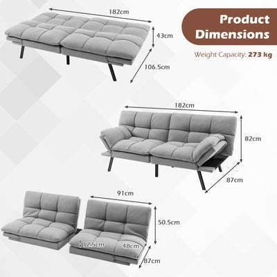 *Convertible Memory Foam Futon Sofa Bed with Adjustable Armrest - Gray