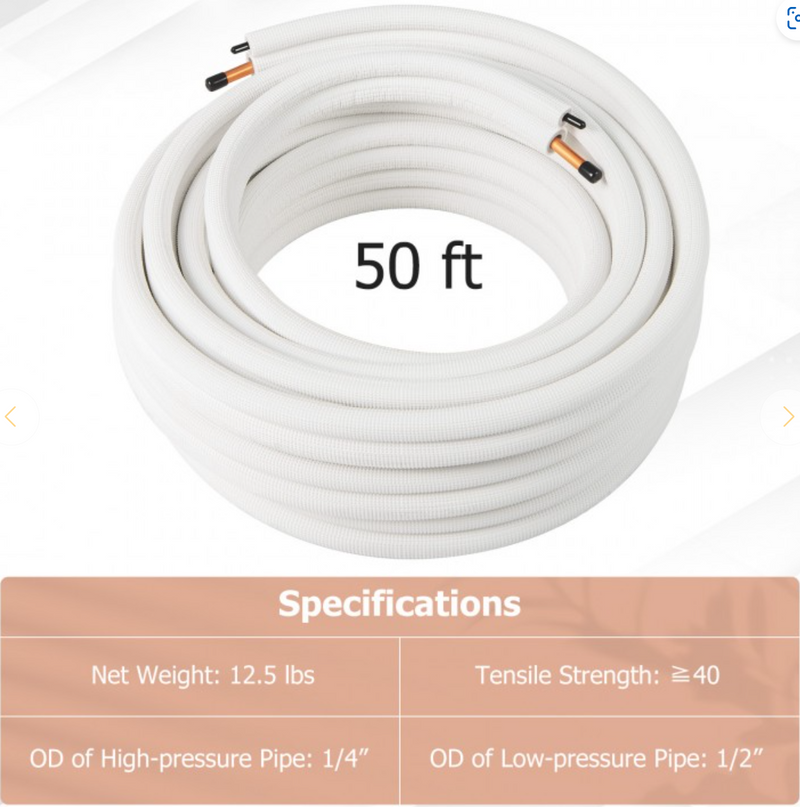 *50 Feet Mini Split Line Set with 1/4 Inch and 1/2 Inch O.D. Copper Pipes Tubing