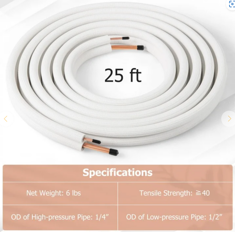 *25 Feet Mini Split Line Set with 1/4 Inch and 1/2 Inch O.D. Copper Pipes Tubing