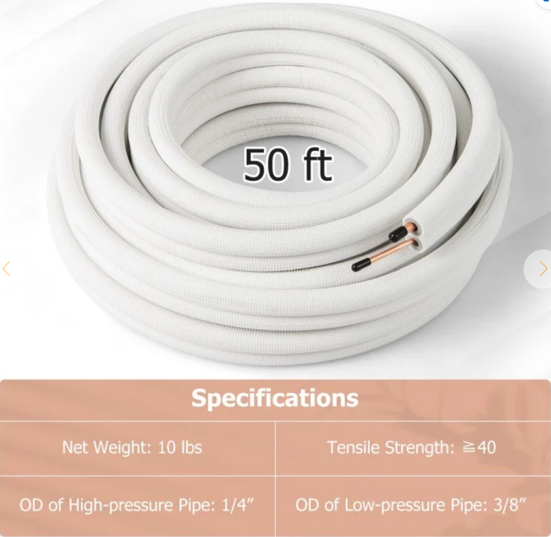 *50 Feet Mini Split Line Set with 1/4 Inch and 3/8 Inch O.D. Copper Pipes Tubing