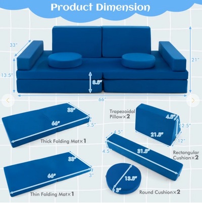 *8-Piece Kids Play Couch Sofa with Portable Handle - Blue