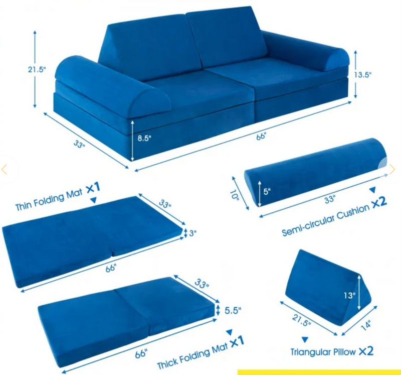 *6 Pieces Convertible Kids Play Couch Set with Zipper - Blue