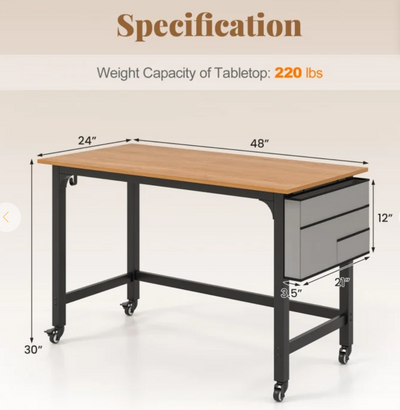 48 Inch Mobile Computer Workstation with 4 Smooth Casters - Natural