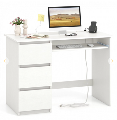 *Computer Desk with Power Outlet Keyboard Tray and 3 Large Drawers - White